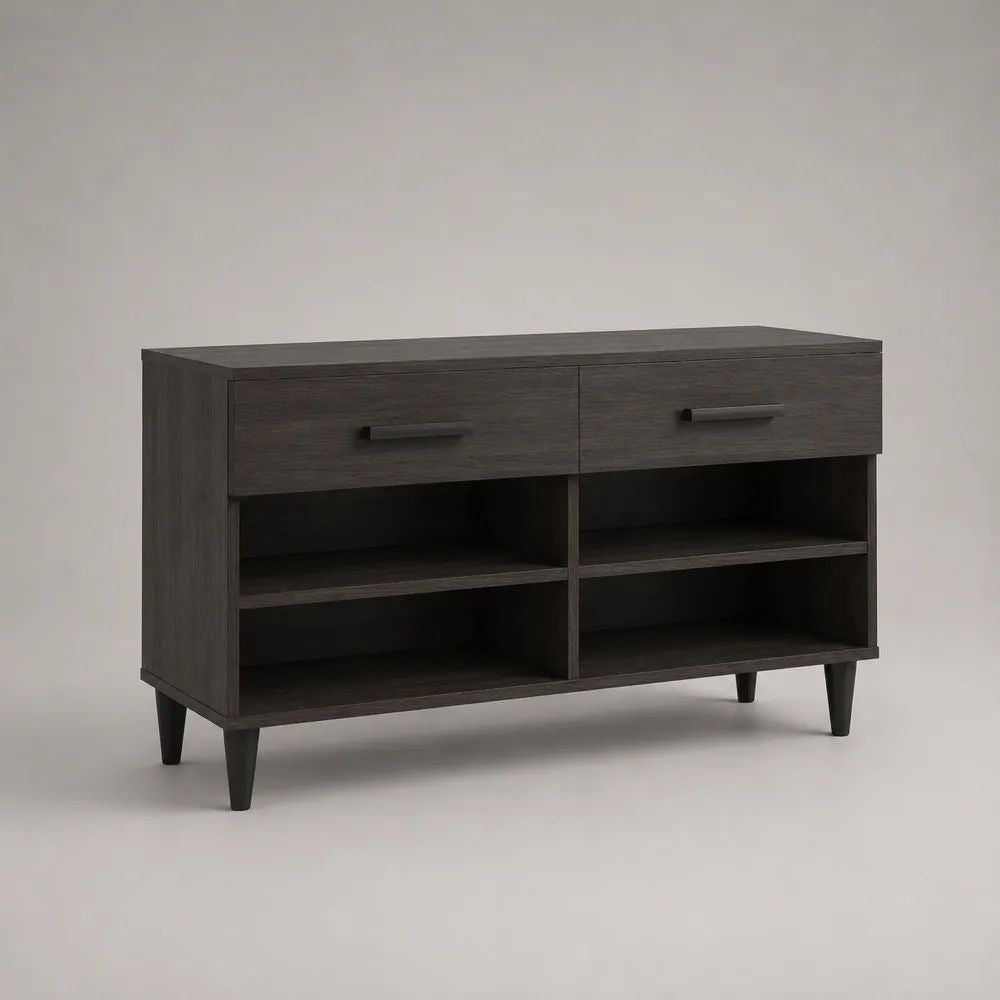 Schuhschrank aus melaminharzbeschichteter Spanplatte mit 2 Schubladen und 4 offenen Fächern, Dunkelbraun/Schwarz, 100 × 35 × 75 cm