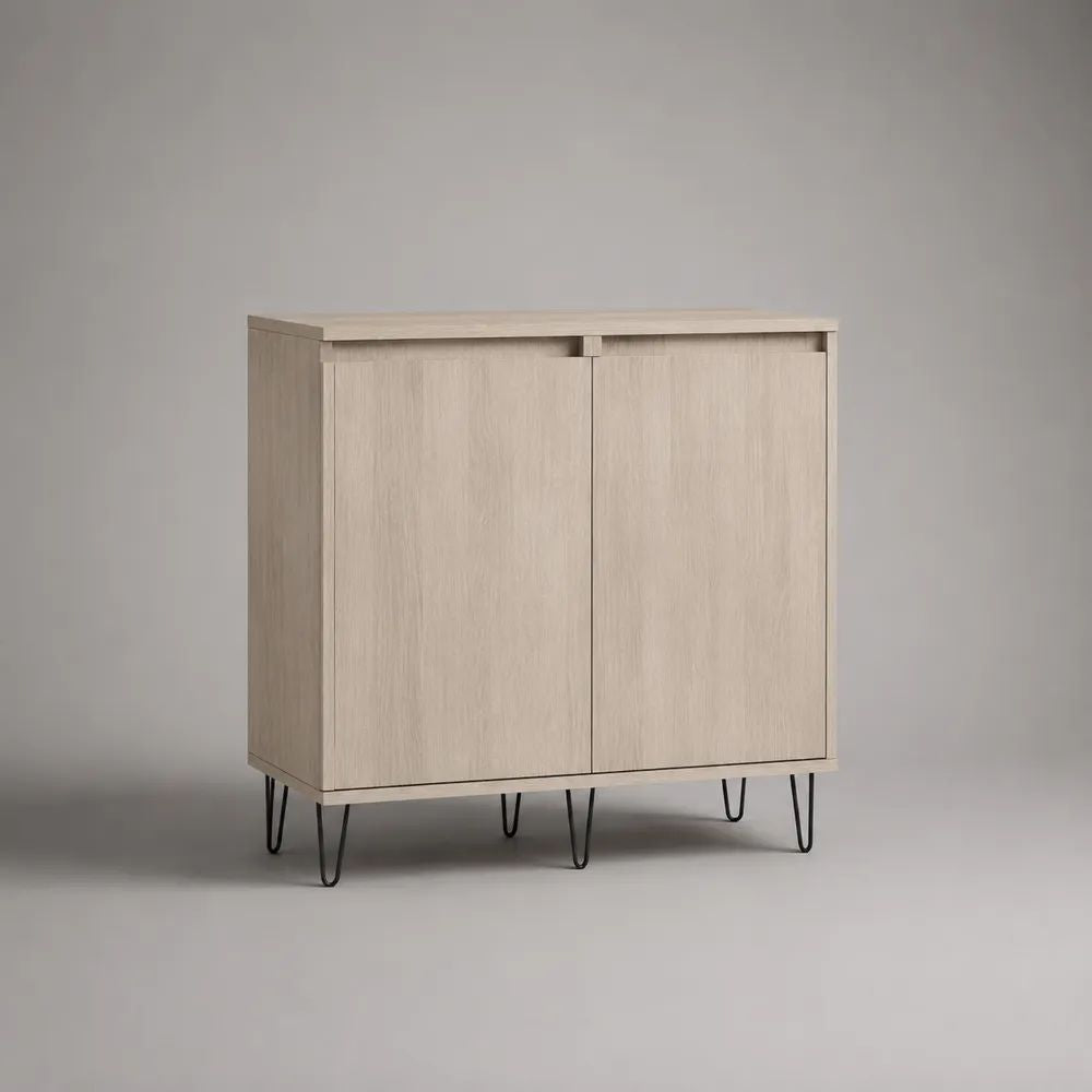 Sideboard-Kommode mit 2 Türen aus MDF mit Eichenfurnier und Metallbeinen, Natur/Schwarz, 80 × 40 × 85 cm
