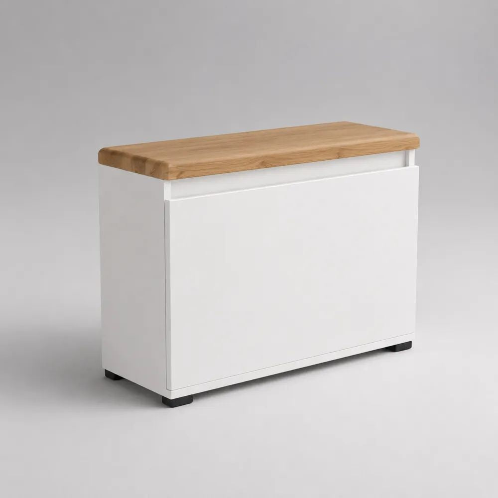 Schuhschrank mit Klappe aus MDF und massiver Eiche, Weiß/Natur, 82 × 26 × 80 cm