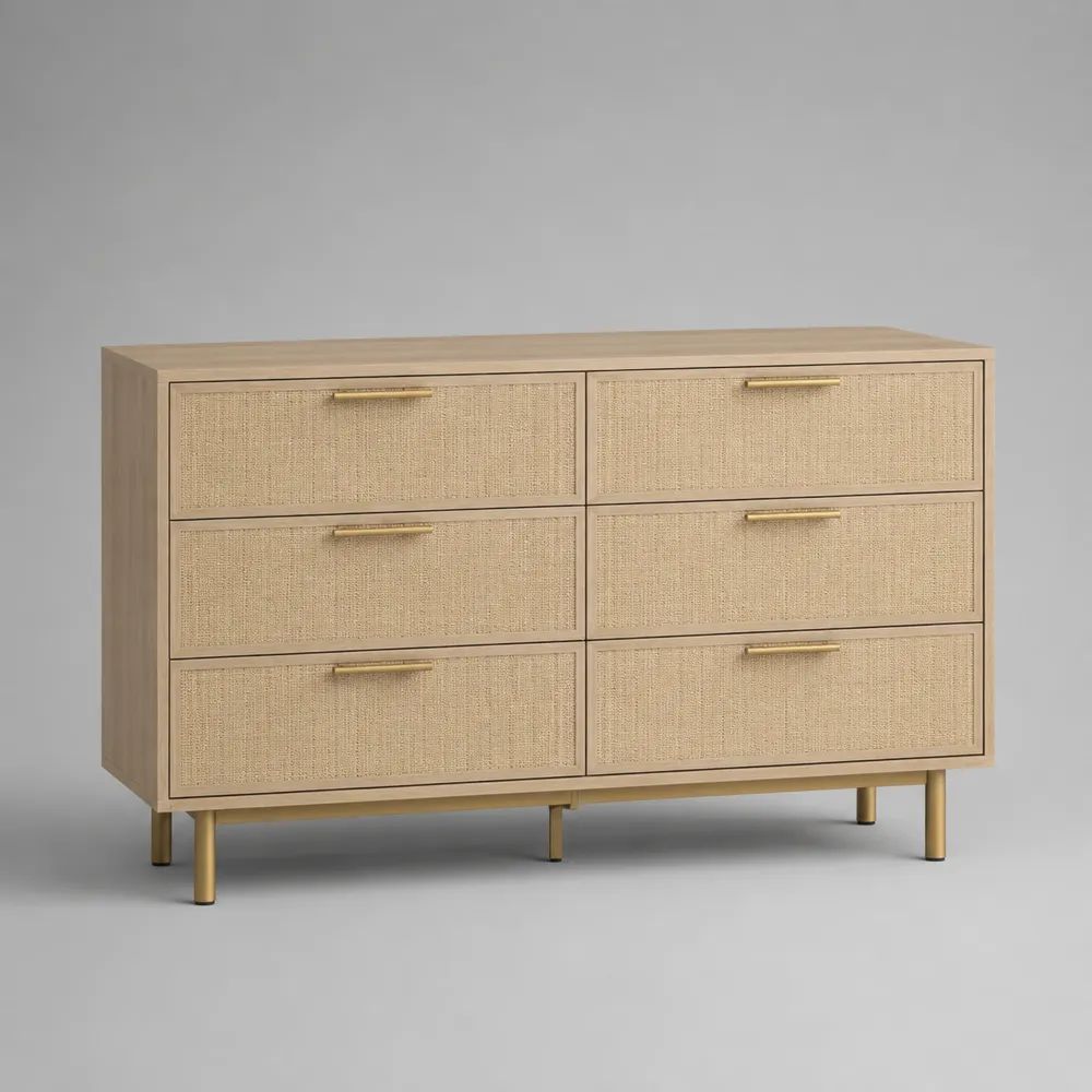 Sideboard-Kommode mit 6 Schubladen, MDF, Eichenfurnier und Rattanfront, Naturbeige/Messingfarben, 120 × 40 × 80 cm