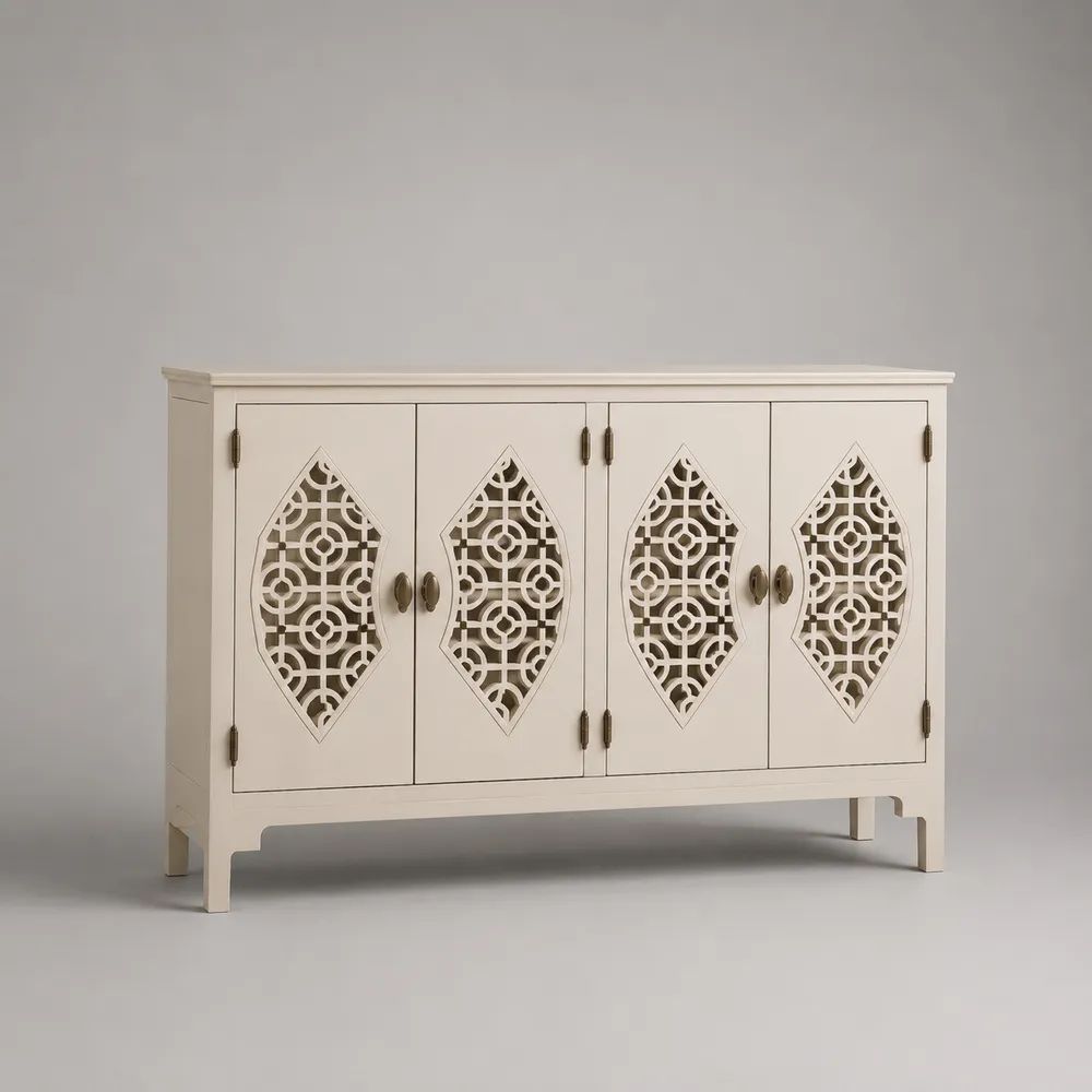 Rechteckiges Sideboard aus lackierter MDF mit 4 Türen, Cremeweiß, 160 × 40 × 90 cm