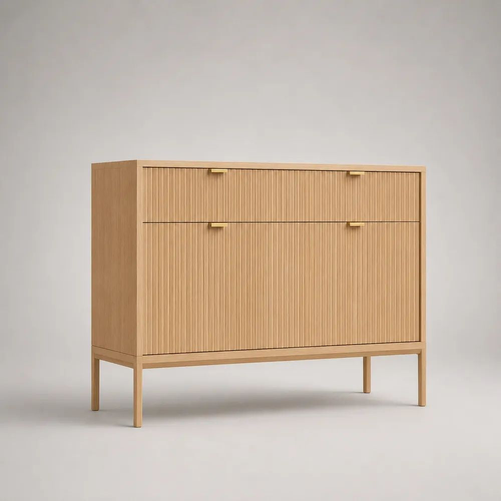 Holz-Sideboard mit 4 Türen, Natur/Messingfarben, 120 × 40 × 90 cm