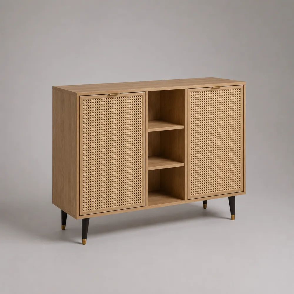 Anrichte mit 2 Rattantüren und 3 offenen Fächern, MDF mit Eichenfurnier, Natur, 120 × 40 × 90 cm