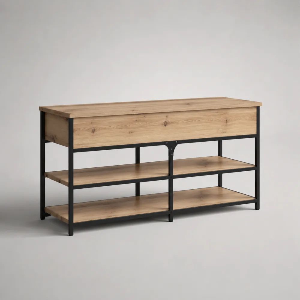 Schuhschrank mit Staufach und 2 Ablagen aus Spanplatte und Stahl, Eichefarben/Schwarz, 120 × 35 × 75 cm