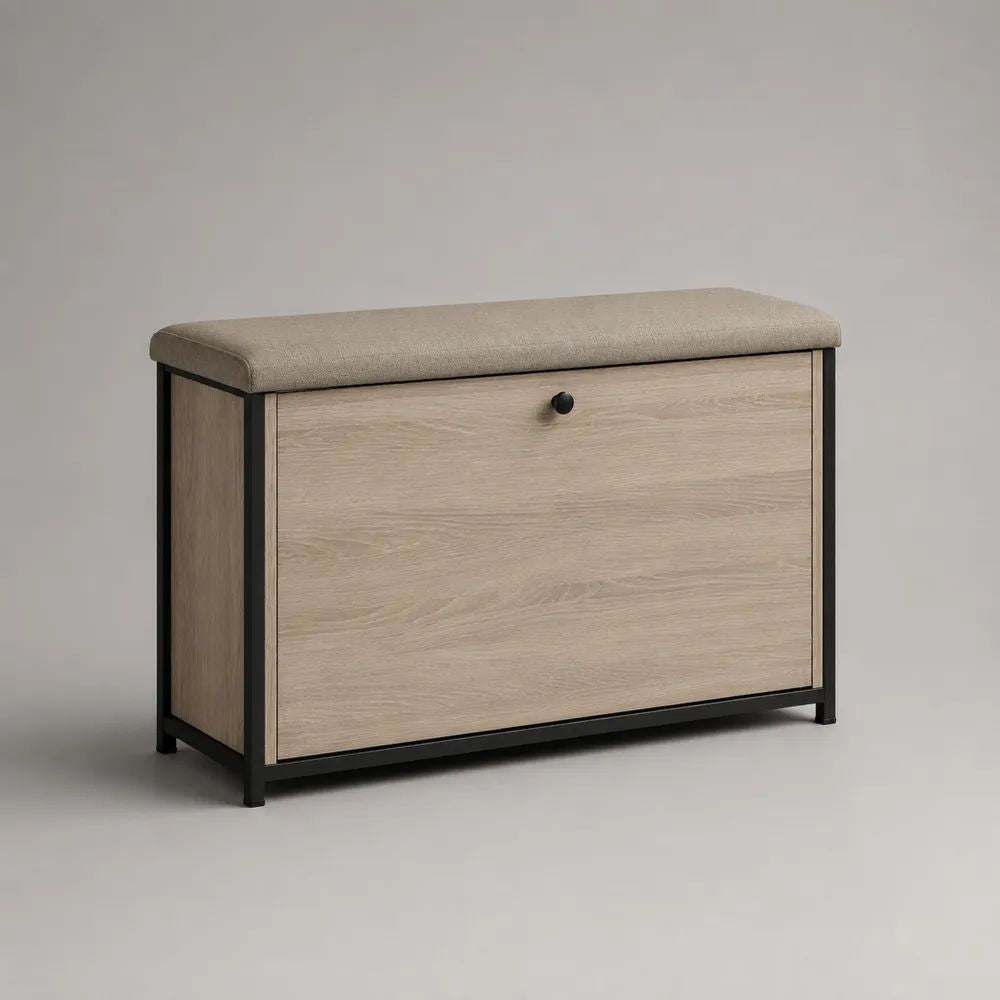 Schuhschrank mit gepolsterter Sitzbank und Kipptür aus Holz und Stahl, Eiche hell/Schwarz/Beige, 80 × 30 × 50 cm