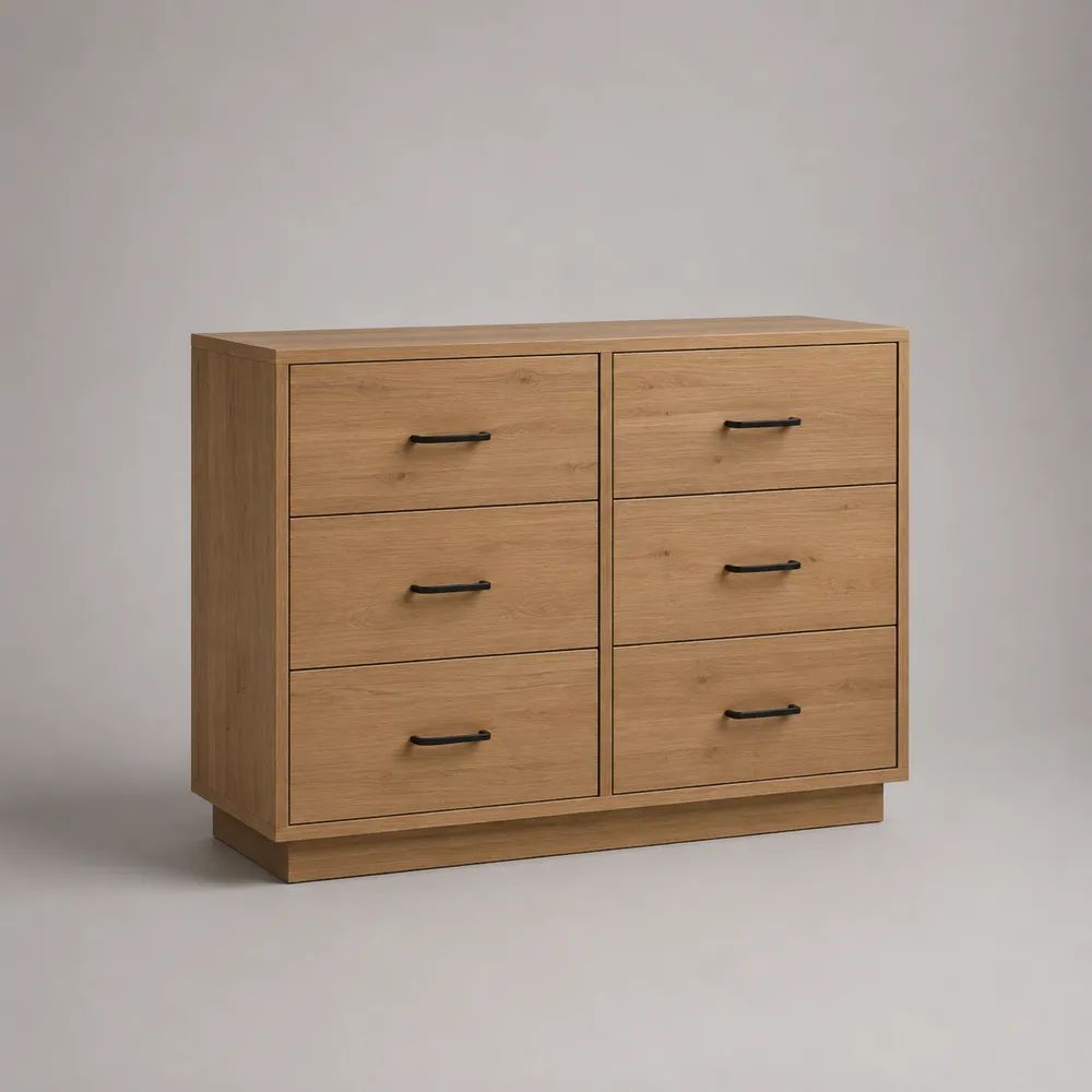 Sideboard mit 6 Schubladen aus MDF und Spanplatte, Eiche Natur/Schwarz, 120 × 40 × 90 cm