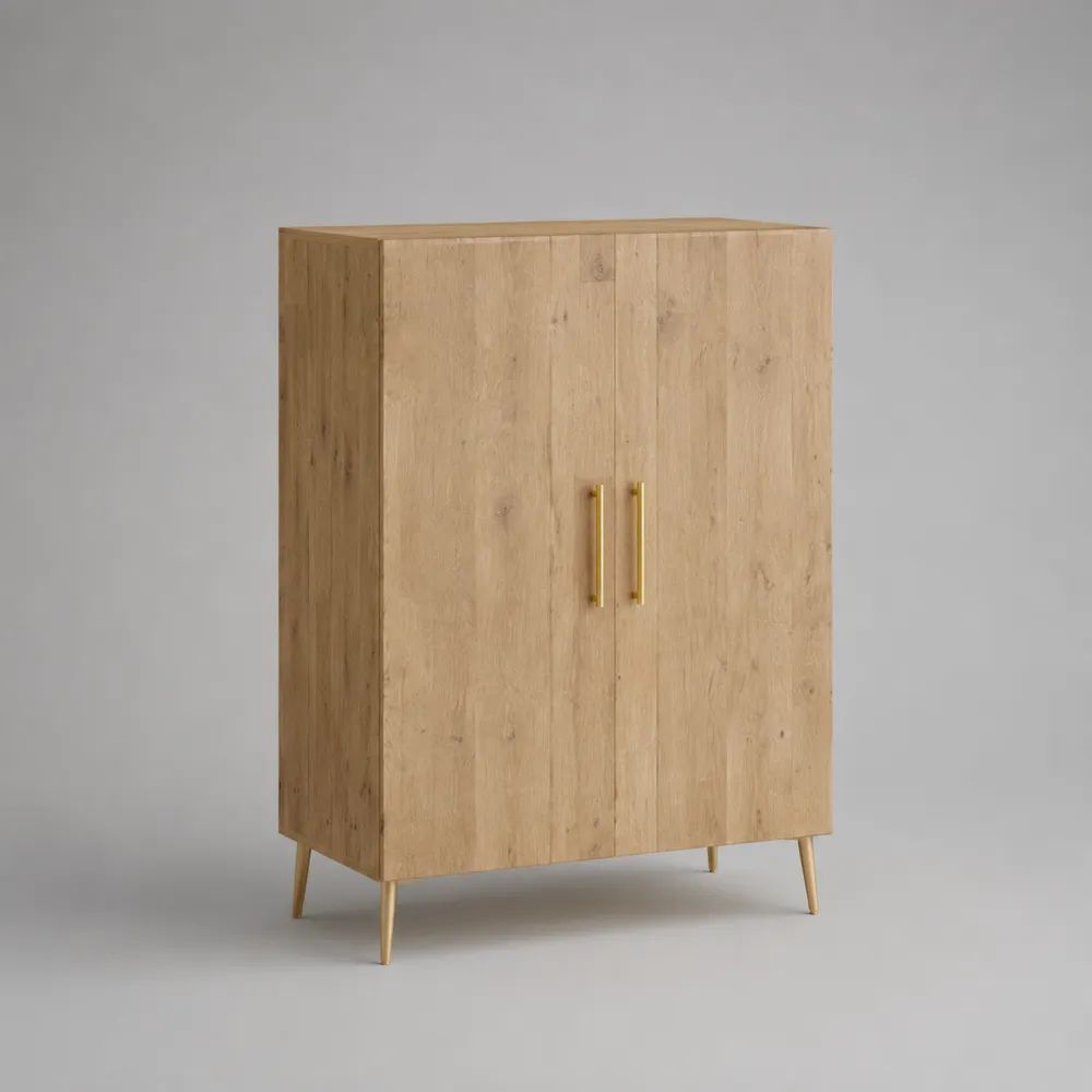 Highboard aus Spanplatte mit 2 Türen und Stahlbeinen, Eiche Natur/Gold, 100 × 40 × 130 cm