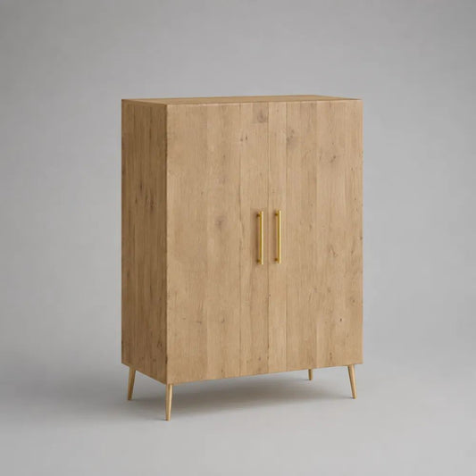 Highboard aus Spanplatte mit 2 Türen und Stahlbeinen, Eiche Natur/Gold, 100 × 40 × 130 cm