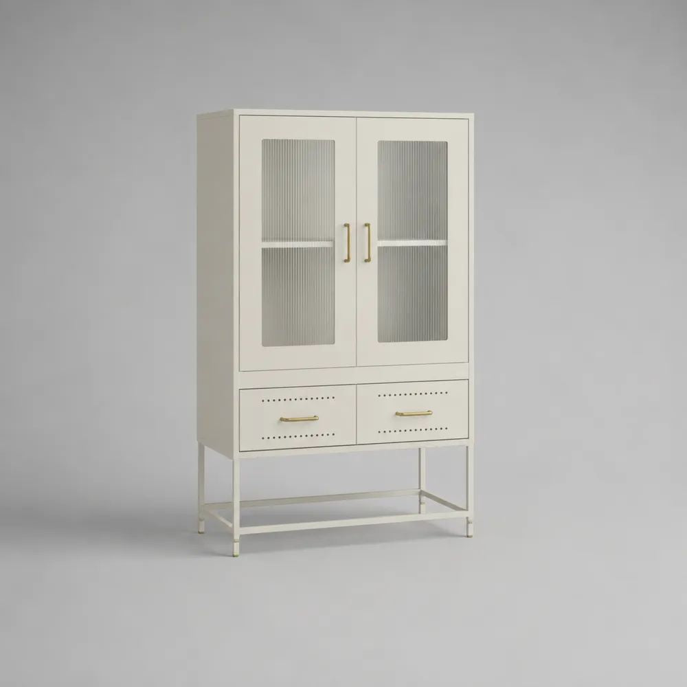Highboard aus Stahl mit 2 Riffelglastüren und 2 Schubladen, Cremeweiß, 80 × 40 × 140 cm