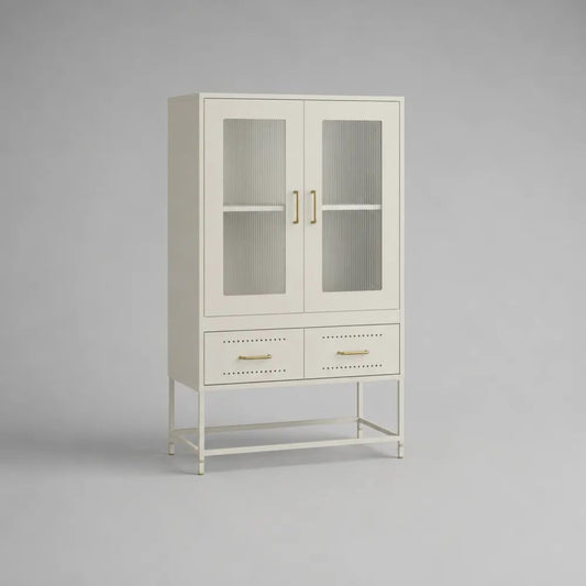 Highboard aus Stahl mit 2 Riffelglastüren und 2 Schubladen, Cremeweiß, 80 × 40 × 140 cm
