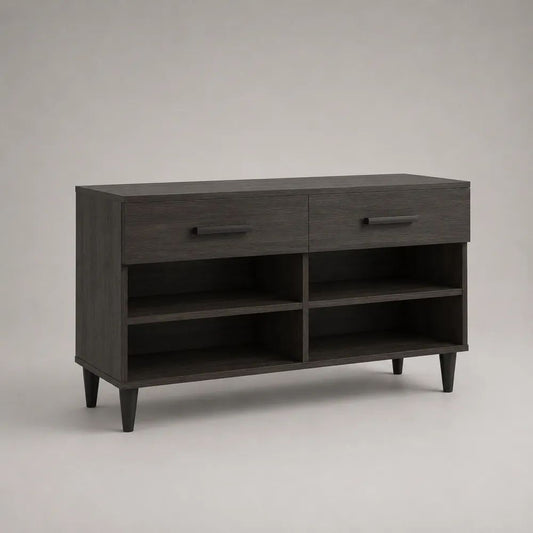 Schuhschrank aus melaminharzbeschichteter Spanplatte mit 2 Schubladen und 4 offenen Fächern, Dunkelbraun/Schwarz, 100 × 35 × 75 cm