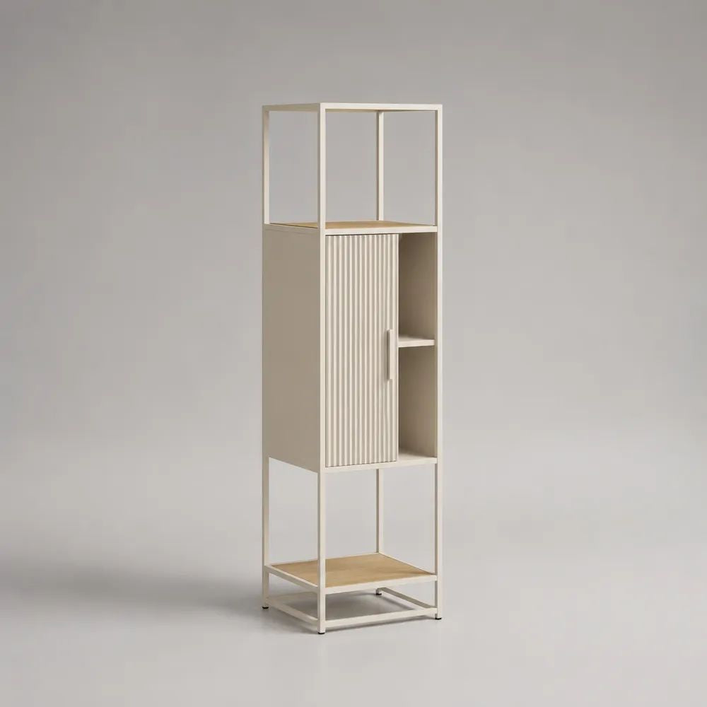 Highboard mit Lamellentür und offenen Ablagen aus Stahl und MDF, Cremeweiß/Natur, 40 × 35 × 160 cm