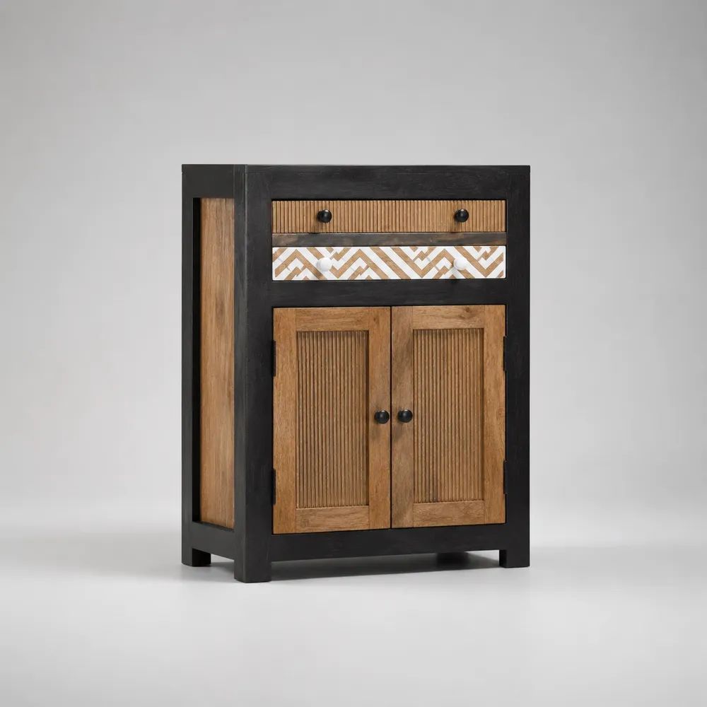 Sideboard aus Mango-Massivholz mit 2 Türen und 2 Schubladen, Schwarz/Braun/Weiß, 90 × 40 × 110 cm