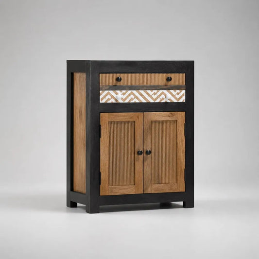 Sideboard aus Mango-Massivholz mit 2 Türen und 2 Schubladen, Schwarz/Braun/Weiß, 90 × 40 × 110 cm