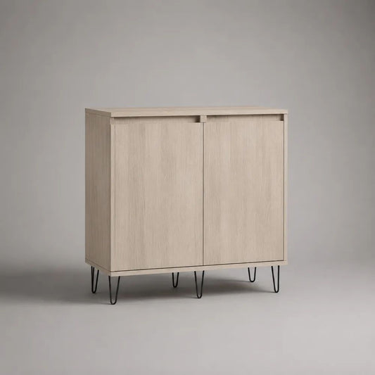 Sideboard-Kommode mit 2 Türen aus MDF mit Eichenfurnier und Metallbeinen, Natur/Schwarz, 80 × 40 × 85 cm