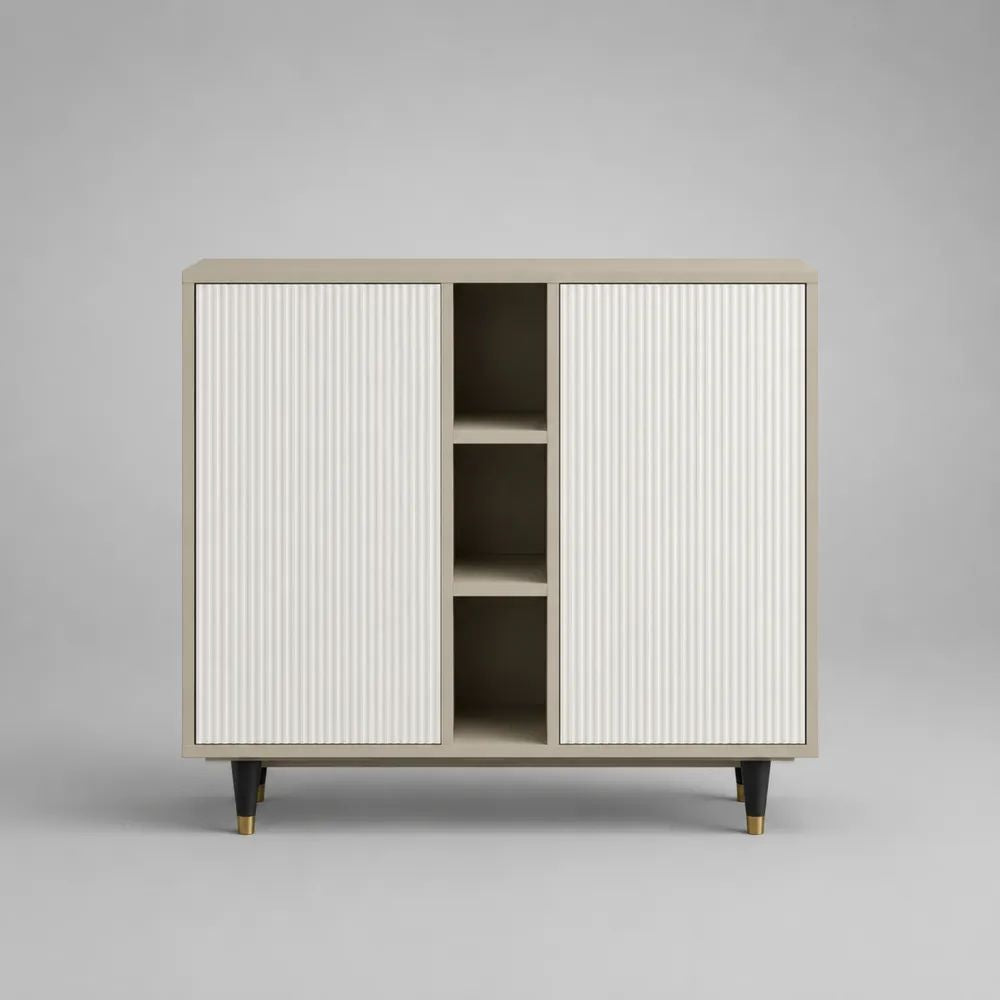 Sideboard aus MDF und Spanplatte mit 2 Türen, 3 offenen Fächern und Stahlfüßen, Beige/Weiß, 120 x 40 x 90 cm
