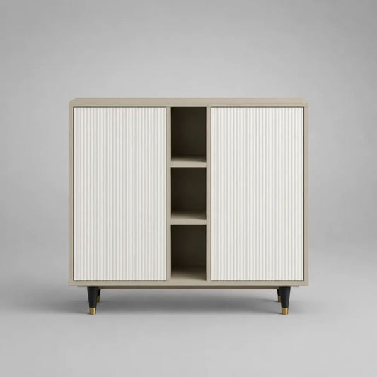 Sideboard aus MDF und Spanplatte mit 2 Türen, 3 offenen Fächern und Stahlfüßen, Beige/Weiß, 120 x 40 x 90 cm