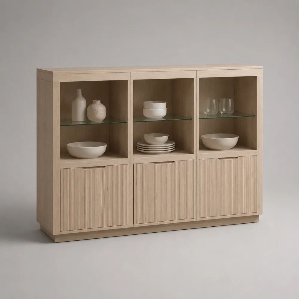 Sideboard aus Holz mit 3 Türen, 3 offenen Fächern und Glasböden, Natureiche, 150 x 40 x 120 cm