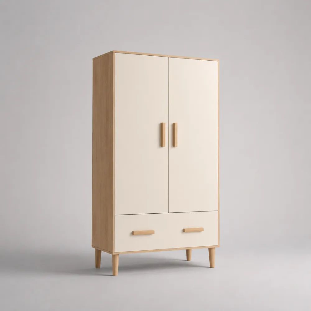 Highboard aus MDF und Spanplatte mit 2 Türen und Schublade, Creme/Natur, 100 × 45 × 180 cm