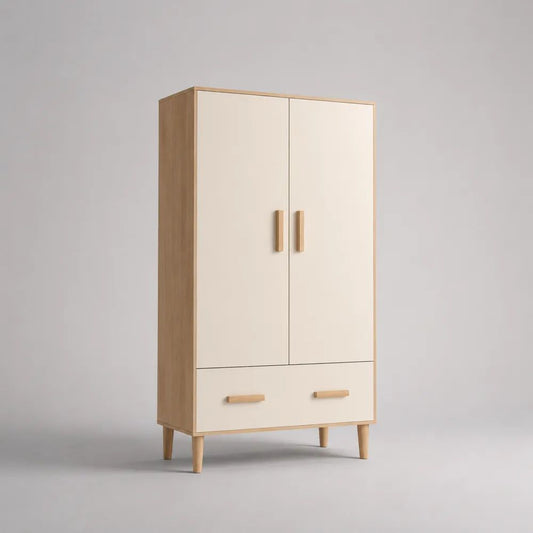 Highboard aus MDF und Spanplatte mit 2 Türen und Schublade, Creme/Natur, 100 × 45 × 180 cm