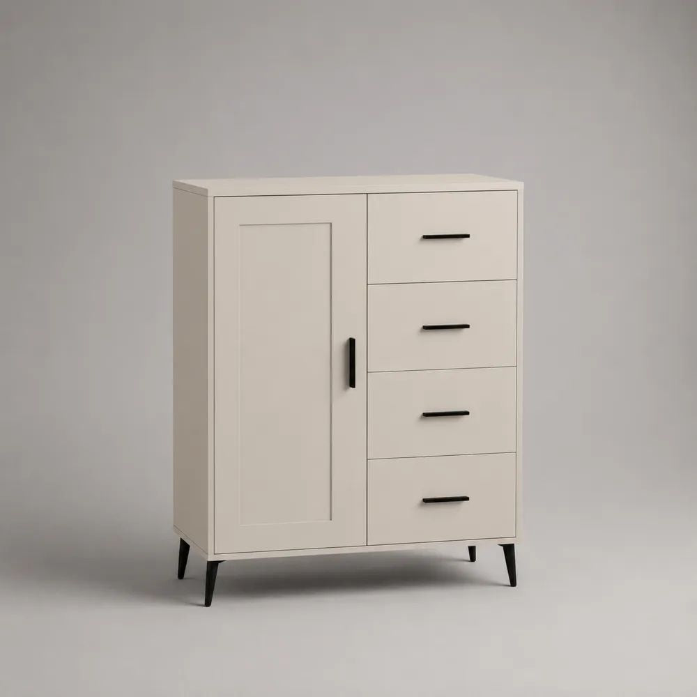 Sideboard mit 1 Tür und 4 Schubladen aus MDF und Spanplatte, Weiß/Schwarz, 80 × 40 × 110 cm