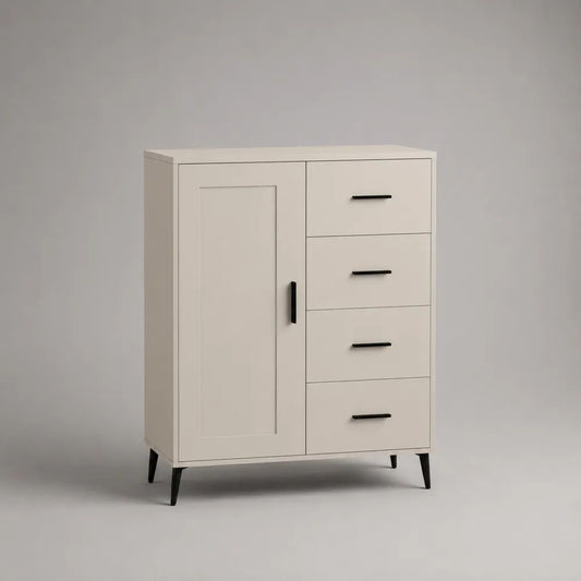 Sideboard mit 1 Tür und 4 Schubladen aus MDF und Spanplatte, Weiß/Schwarz, 80 × 40 × 110 cm