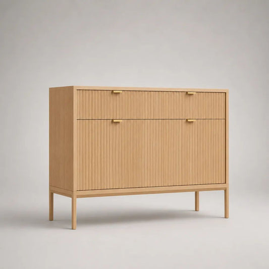 Holz-Sideboard mit 4 Türen, Natur/Messingfarben, 120 × 40 × 90 cm