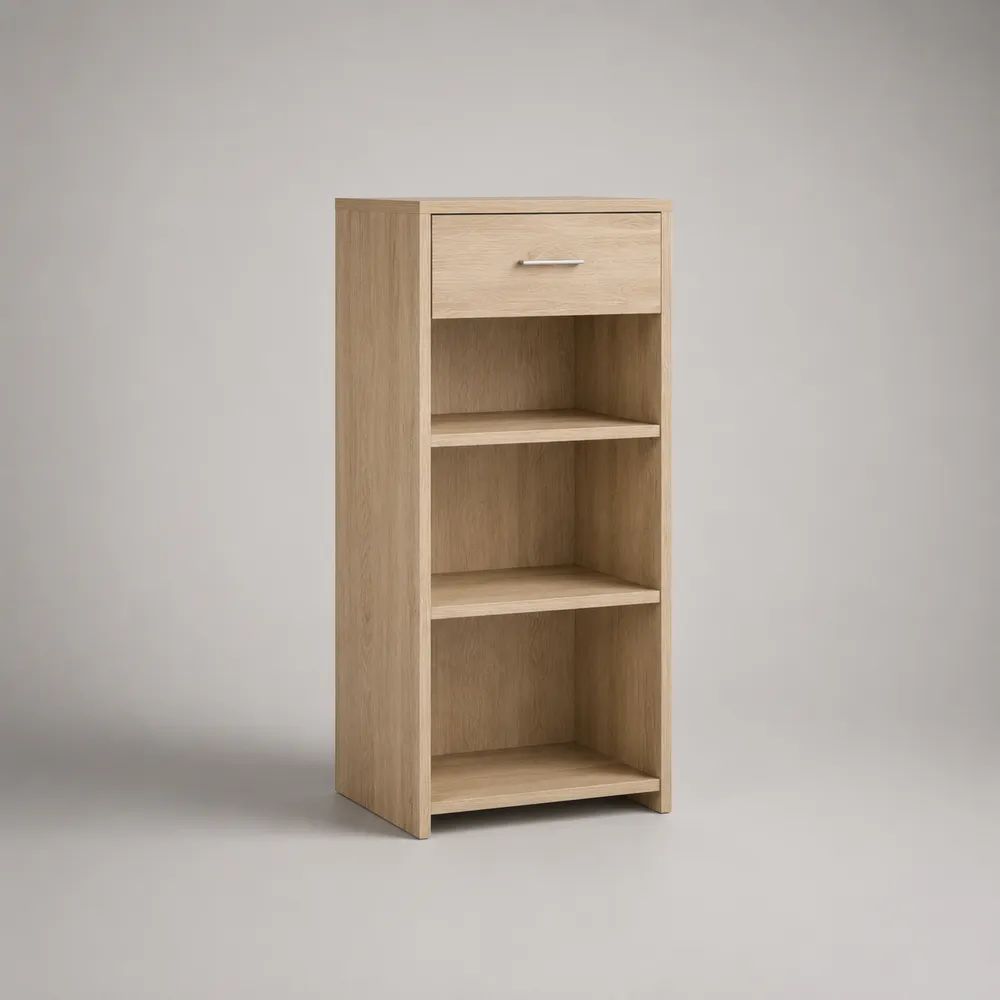 Schmales Sideboard aus Spanplatte mit Schublade und 3 offenen Fächern, Helle Eiche, 45 × 40 × 110 cm
