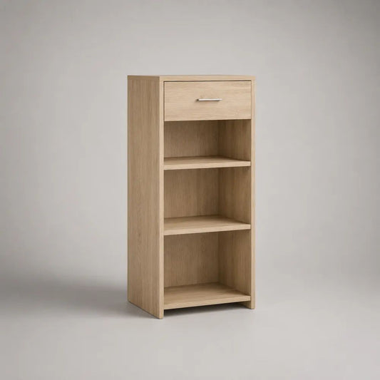 Schmales Sideboard aus Spanplatte mit Schublade und 3 offenen Fächern, Helle Eiche, 45 × 40 × 110 cm