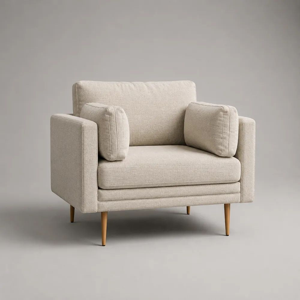 Beiger Loungesessel mit Armlehnen, Polyester-Strukturbezug und Holzbeinen, 104 × 90 × 86 cm