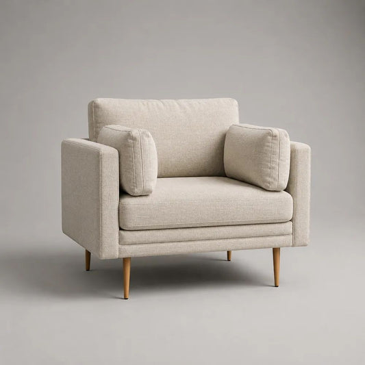 Beiger Loungesessel mit Armlehnen, Polyester-Strukturbezug und Holzbeinen, 104 × 90 × 86 cm