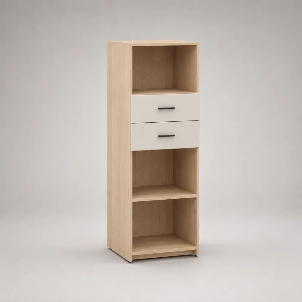 Highboard aus Holz mit 2 Schubladen und 3 offenen Fächern, Eiche Natur/Weiß, 50 × 40 × 160 cm
