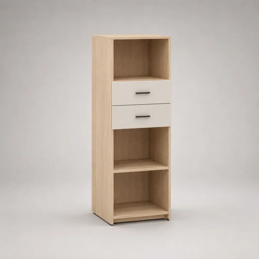 Highboard aus Holz mit 2 Schubladen und 3 offenen Fächern, Eiche Natur/Weiß, 50 × 40 × 160 cm