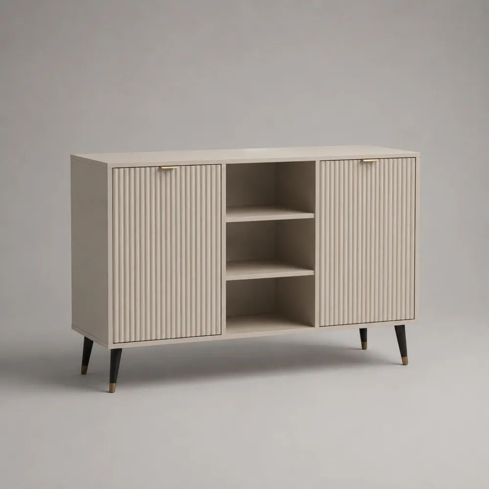Sideboard aus MDF mit 2 Türen, 3 offenen Fächern und geriffelten Fronten, Beige/Schwarz/Messingfarben, 120 x 40 x 80 cm