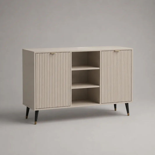 Sideboard aus MDF mit 2 Türen, 3 offenen Fächern und geriffelten Fronten, Beige/Schwarz/Messingfarben, 120 x 40 x 80 cm