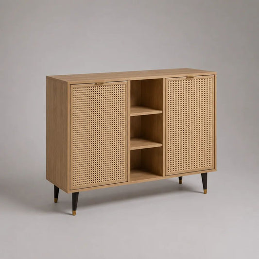 Anrichte mit 2 Rattantüren und 3 offenen Fächern, MDF mit Eichenfurnier, Natur, 120 × 40 × 90 cm