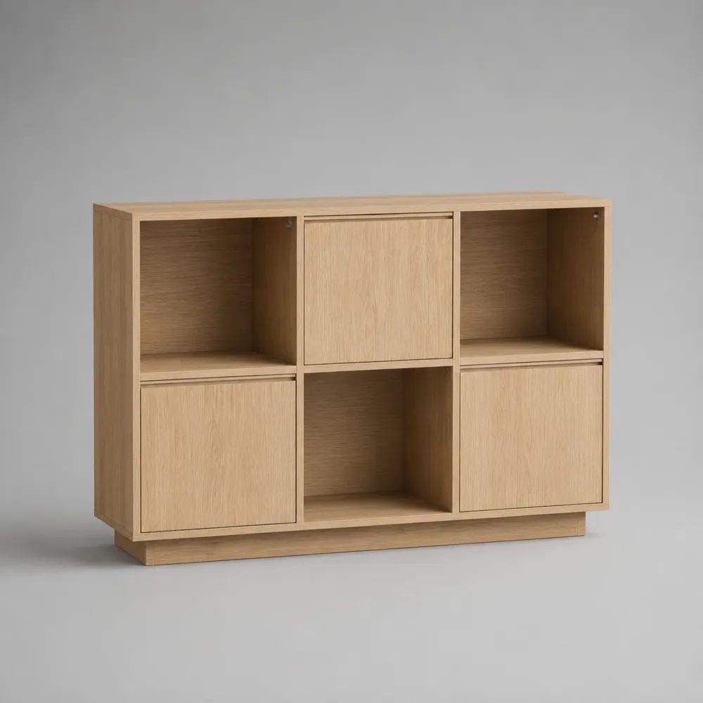 Sideboard aus MDF und Spanplatte mit 3 Türen und 3 offenen Fächern, Eiche Natur, 120 × 40 × 85 cm