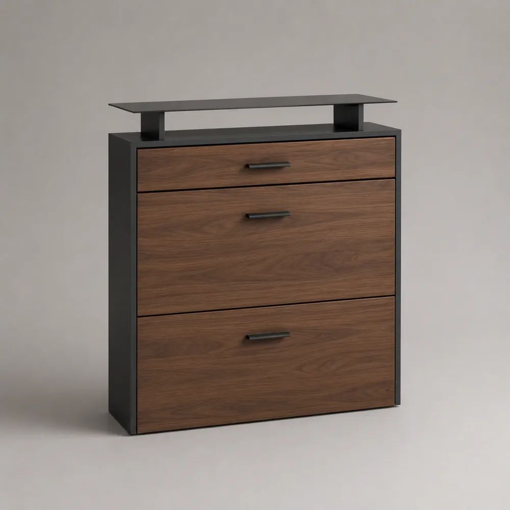 Schuhschrank aus Spanplatte mit 2 Kippfächern, Schublade und Ablage, Walnussbraun/Schwarz, 80 × 24 × 90 cm