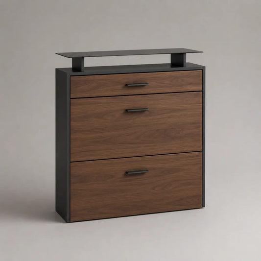 Schuhschrank aus Spanplatte mit 2 Kippfächern, Schublade und Ablage, Walnussbraun/Schwarz, 80 × 24 × 90 cm