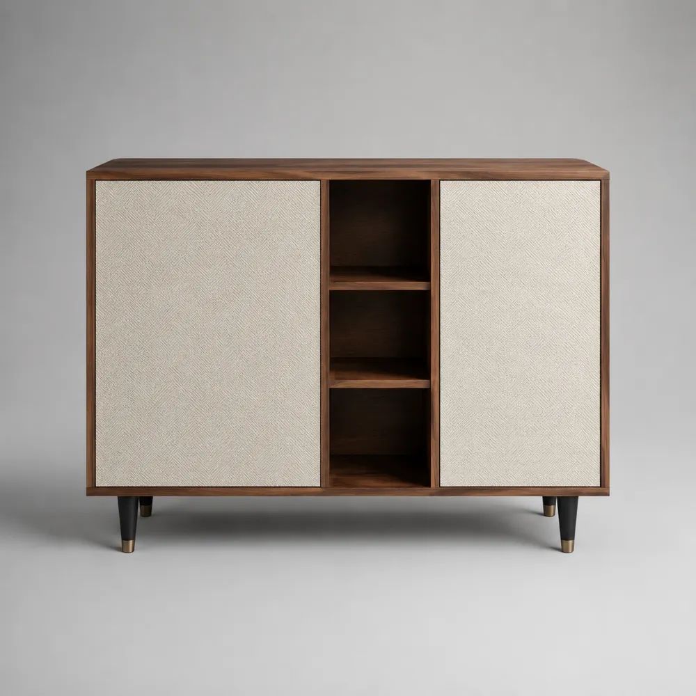Sideboard mit 2 Türen und 3 offenen Fächern aus MDF mit Walnussfurnier und Stofffronten, Braun/Beige, 120 x 40 x 90 cm