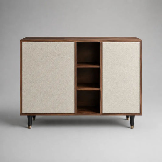 Sideboard mit 2 Türen und 3 offenen Fächern aus MDF mit Walnussfurnier und Stofffronten, Braun/Beige, 120 x 40 x 90 cm