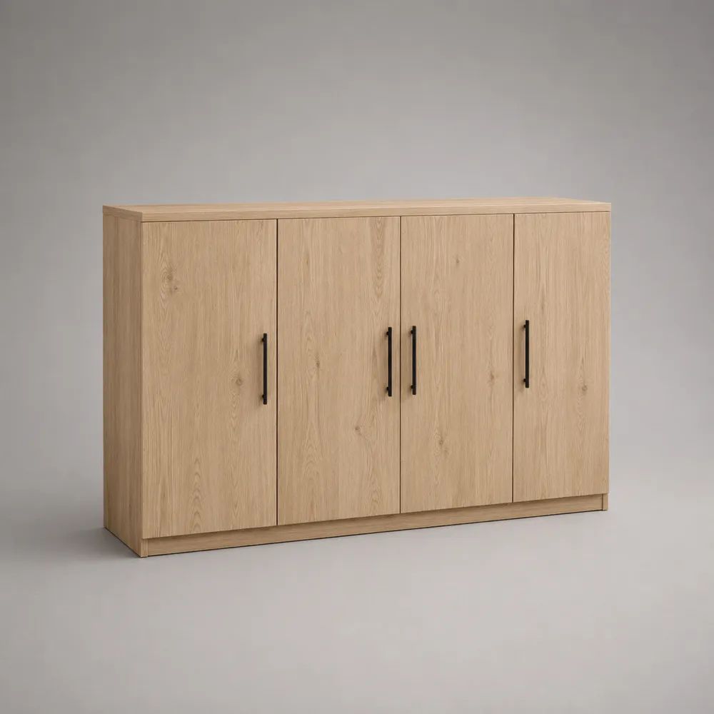 4-türiger Mehrzweckschrank aus melaminbeschichteter Spanplatte, Eiche Natur/Schwarz, 160 × 50 × 120 cm
