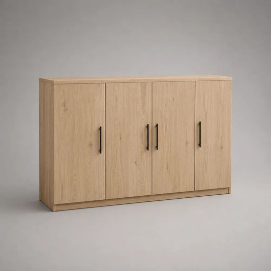 4-türiger Mehrzweckschrank aus melaminbeschichteter Spanplatte, Eiche Natur/Schwarz, 160 × 50 × 120 cm