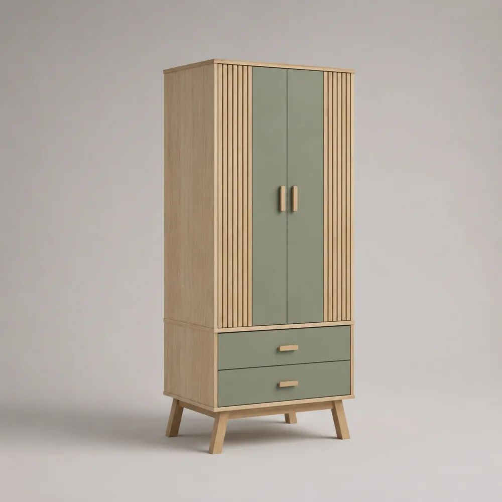 Kleiderschrank aus MDF und Spanplatte mit 2 Türen und 2 Schubladen, Salbeigrün/Natur, 90 × 55 × 190 cm