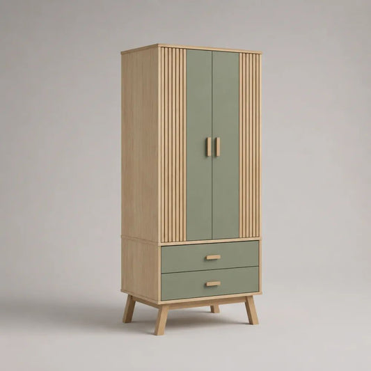 Kleiderschrank aus MDF und Spanplatte mit 2 Türen und 2 Schubladen, Salbeigrün/Natur, 90 × 55 × 190 cm