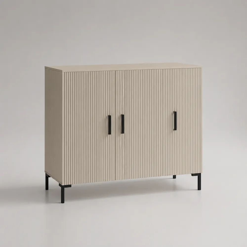 Sideboard mit 3 Türen aus MDF und Spanplatte, Beige und Schwarz, 120 × 40 × 90 cm