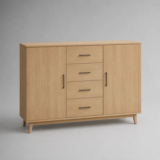 Sideboard-Kommode aus MDF mit Eichenfurnier, 4 Schubladen und 2 Türen, Eiche Natur/Schwarz, 140 × 40 × 100 cm