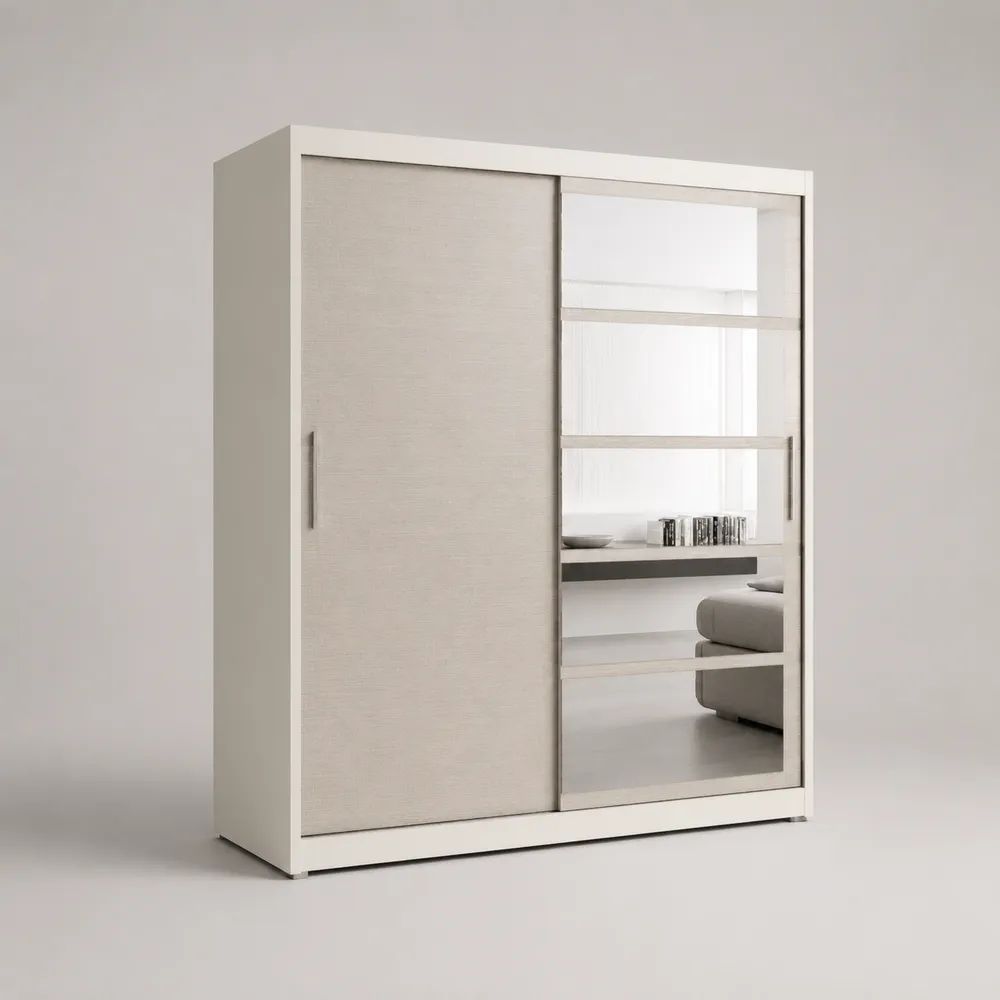 Rechteckiger Schwebetürenschrank mit Spiegel aus melaminbeschichteter Spanplatte, Weiß/Hellgrau, 150 × 60 × 200 cm