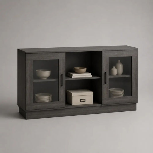 Sideboard aus melaminbeschichteter Spanplatte mit 2 Glastüren und 2 offenen Fächern, Dunkelgrau, 140 × 40 × 85 cm