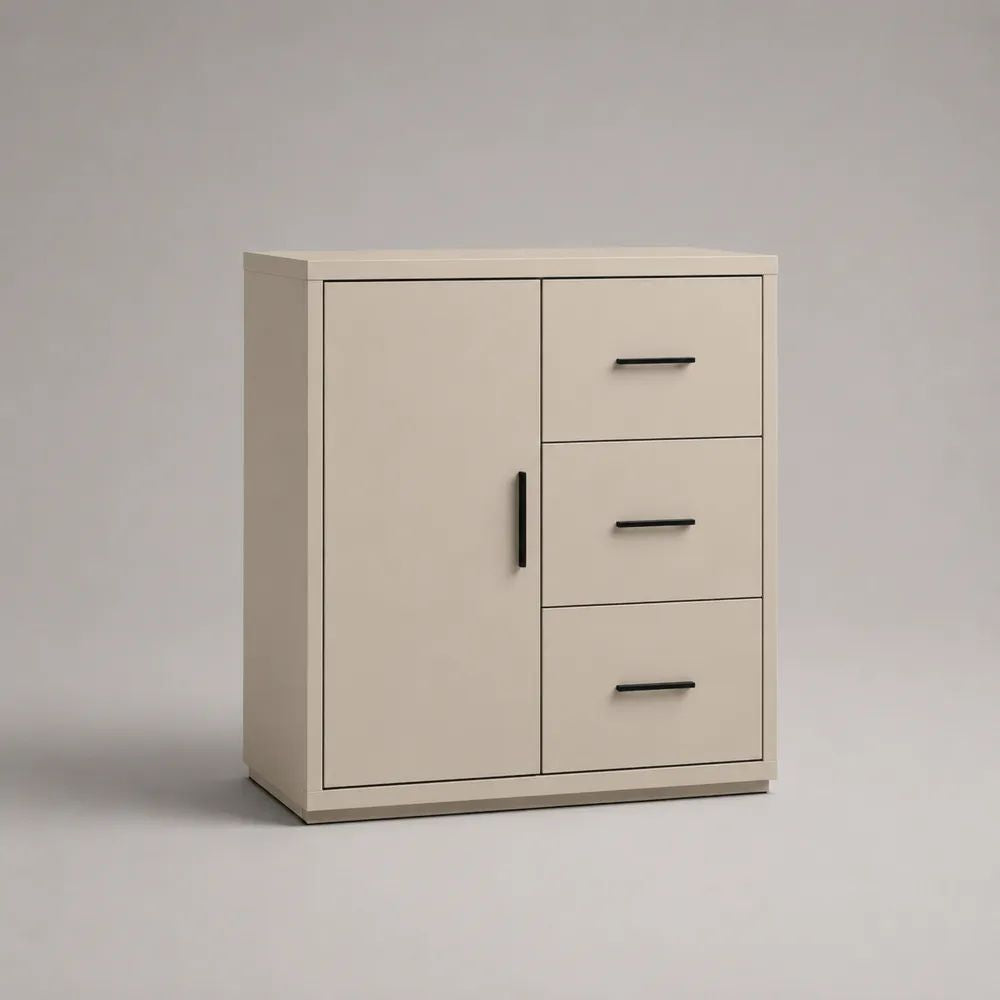 Rechteckiges Sideboard aus melaminharzbeschichteter Spanplatte mit 1 Tür und 3 Schubladen, Beige/Schwarz, 80 x 40 x 100 cm